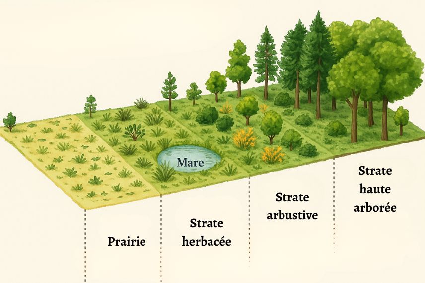 les différentes strates en permaculture et la position du bassin