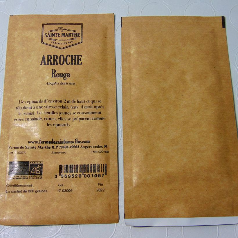 Exemple de spécimen de Arroche Rouge Bio - Ferme de Sainte Marthe le sachet de 800 graines environ (4g) tel que livré