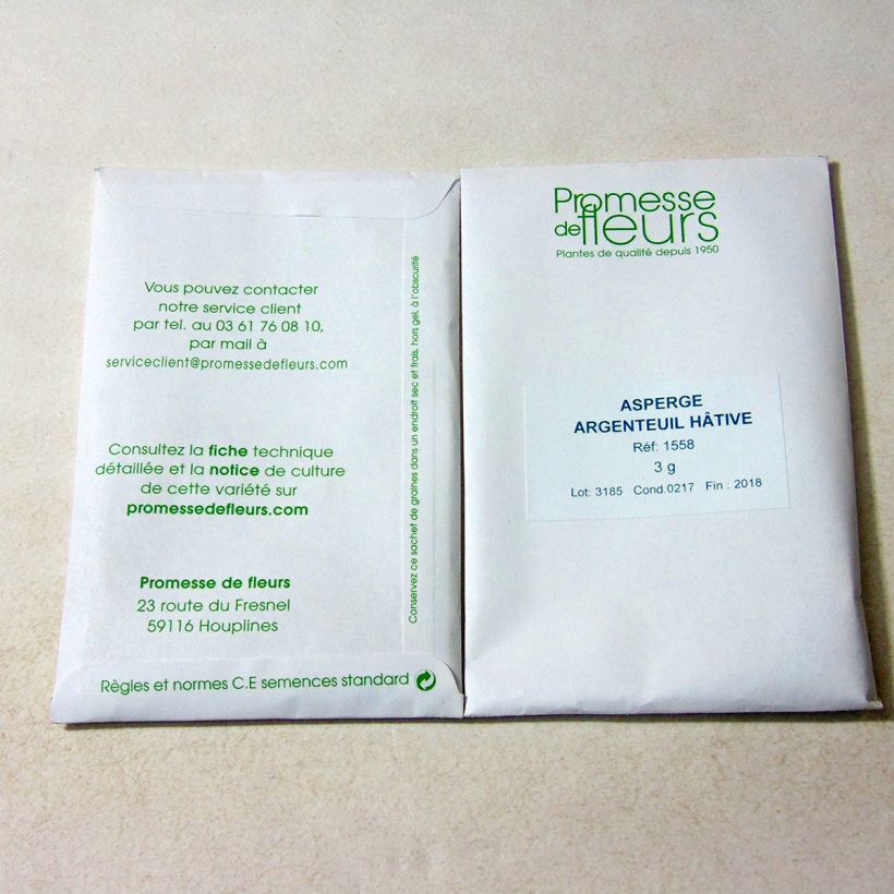 Exemple de spécimen de Asperge Argenteuil en graines - Asparagus officinalis le sachet de graines de minimum 3 grammes tel que livré