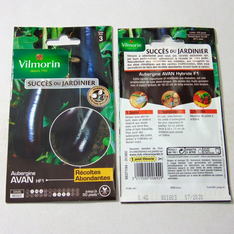Exemple de spécimen de Aubergine Avan F1 (Création Vilmorin) - Vilmorin le sachet de 50 graines environ (0.4g) tel que livré