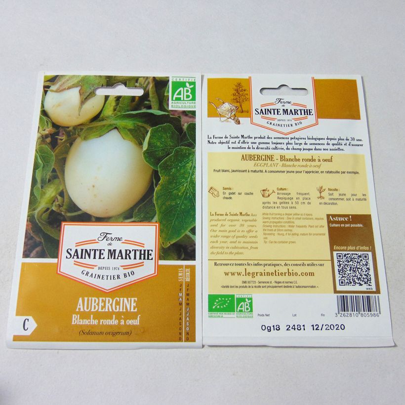 Exemple de spécimen de Aubergine Blanche Ronde à Oeuf - Bio - Ferme de Sainte Marthe le sachet de 40 graines environ (0.18g) tel que livré