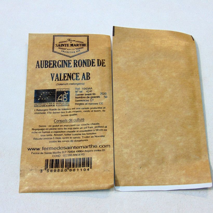 Exemple de spécimen de Aubergine Ronde de Valence Bio - Ferme de Sainte Marthe le sachet de 50 graines environ tel que livré