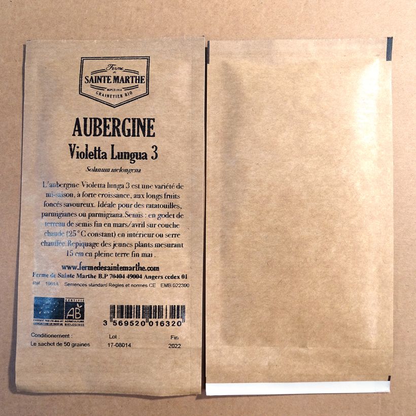 Exemple de spécimen de Aubergine Violetta Lunga 3 Bio - Ferme de Sainte Marthe le sachet de 50 graines environ (0.2g) tel que livré