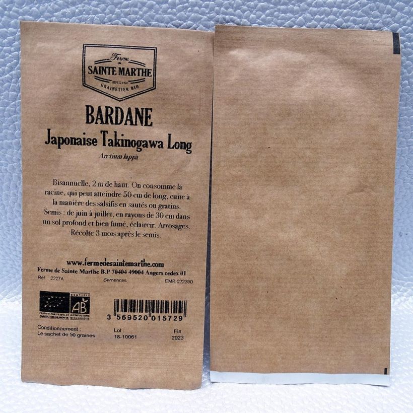Exemple de spécimen de Bardane Japonaise Takinogawa Long ou Gobo Bio - Ferme de Ste Marthe le sachet de 50 graines environ tel que livré