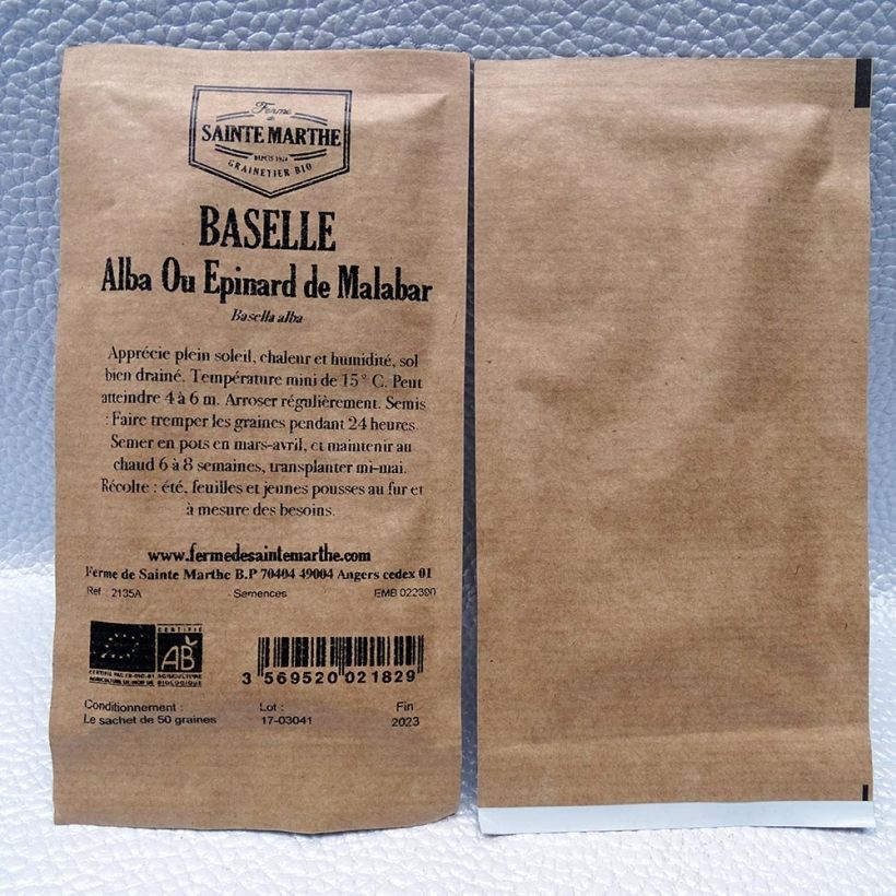 Exemple de spécimen de Baselle Alba ou épinard de Malabar Bio - Ferme de Sainte Marthe le sachet de 50 graines environ (2g) tel que livré