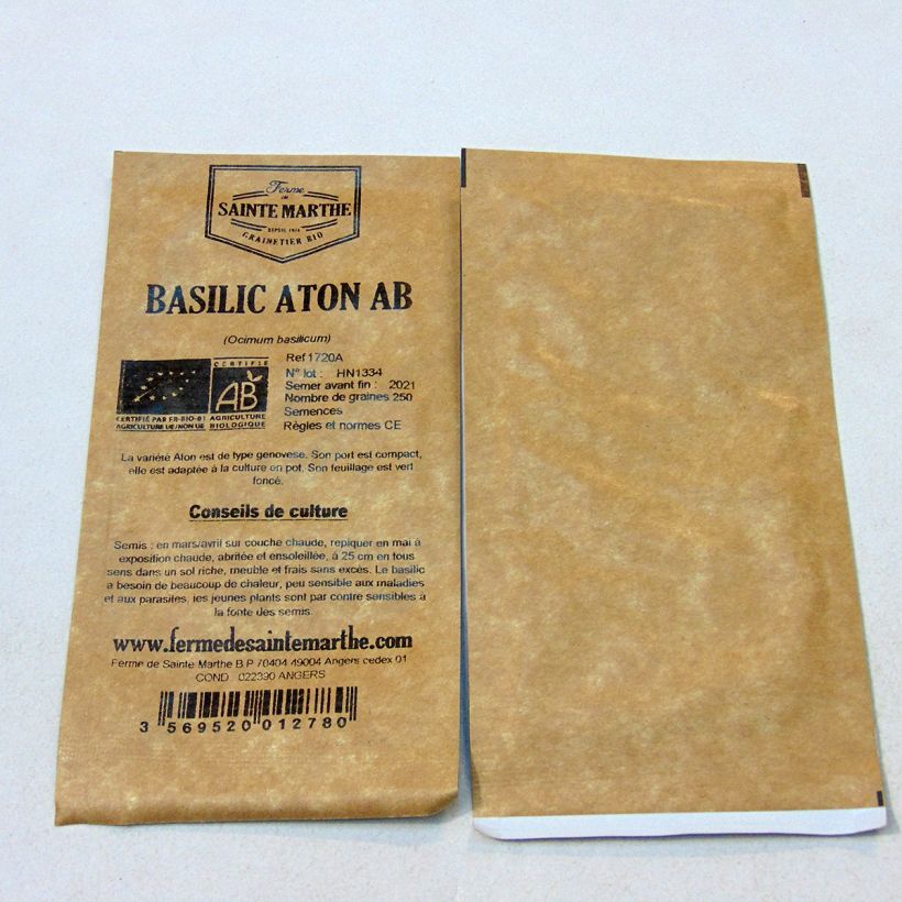 Exemple de spécimen de Basilic Aton Bio - Ferme de Sainte Marthe le sachet de 250 graines environ (0.375g) tel que livré