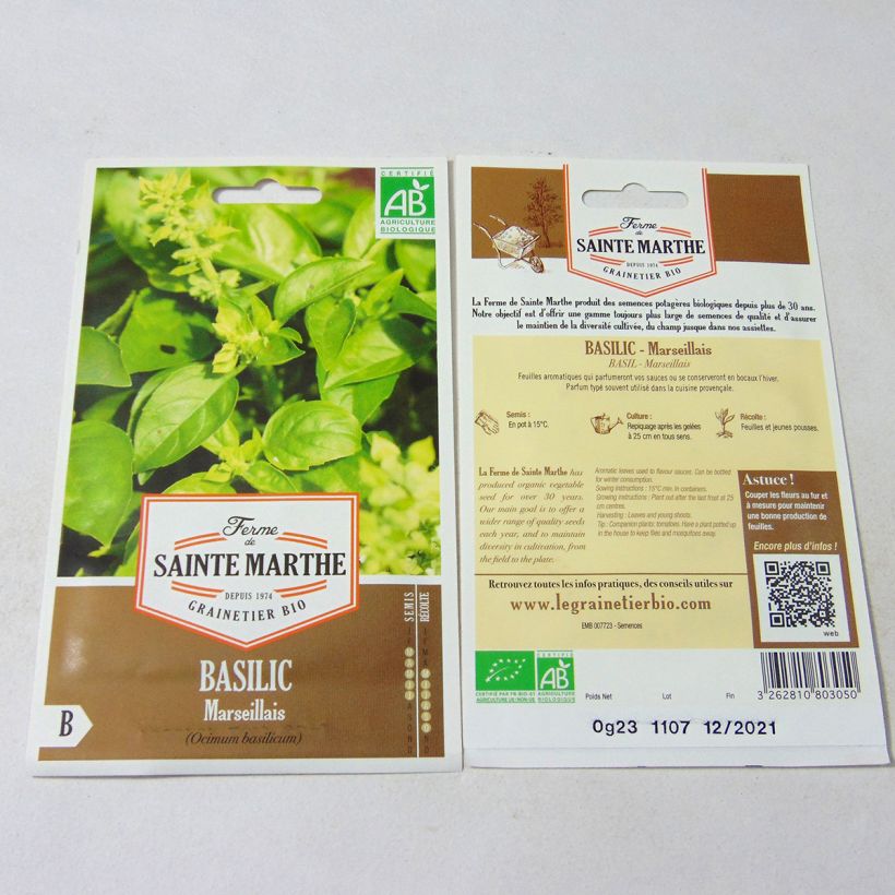 Exemple de spécimen de Basilic Marseillais Bio - Ferme de Sainte Marthe le sachet de 100 graines environ (0.23g) tel que livré