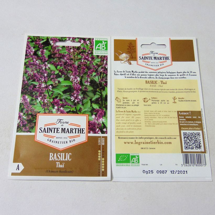 Exemple de spécimen de Basilic Thaï Bio - Ferme de Sainte Marthe le sachet de 150 graines environ (0.25g) tel que livré