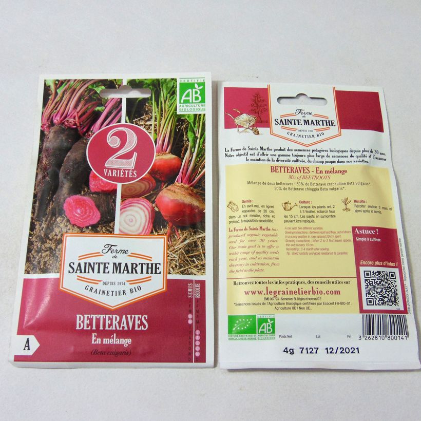Exemple de spécimen de Betteraves en mélange (Crapaudine et Chioggia) Bio - Ferme de Sainte Marthe le sachet de 200 graines environ (4g) tel que livré