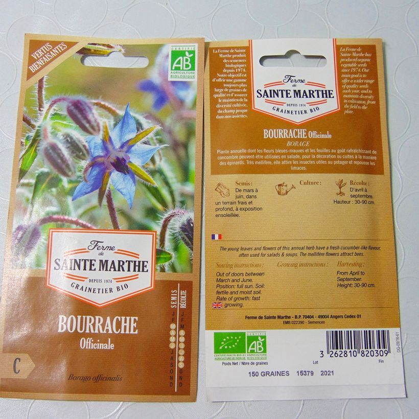 Exemple de spécimen de Bourrache blanche Bio - Ferme de Sainte Marthe le sachet de 50 graines environ tel que livré