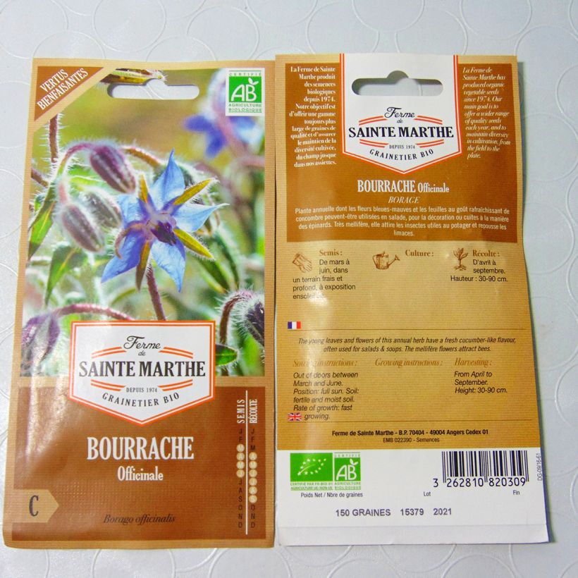 Exemple de spécimen de Bourrache officinale Bio - Ferme de Ste Marthe le sachet de +/- 90 graines environ (minimum 2g) tel que livré