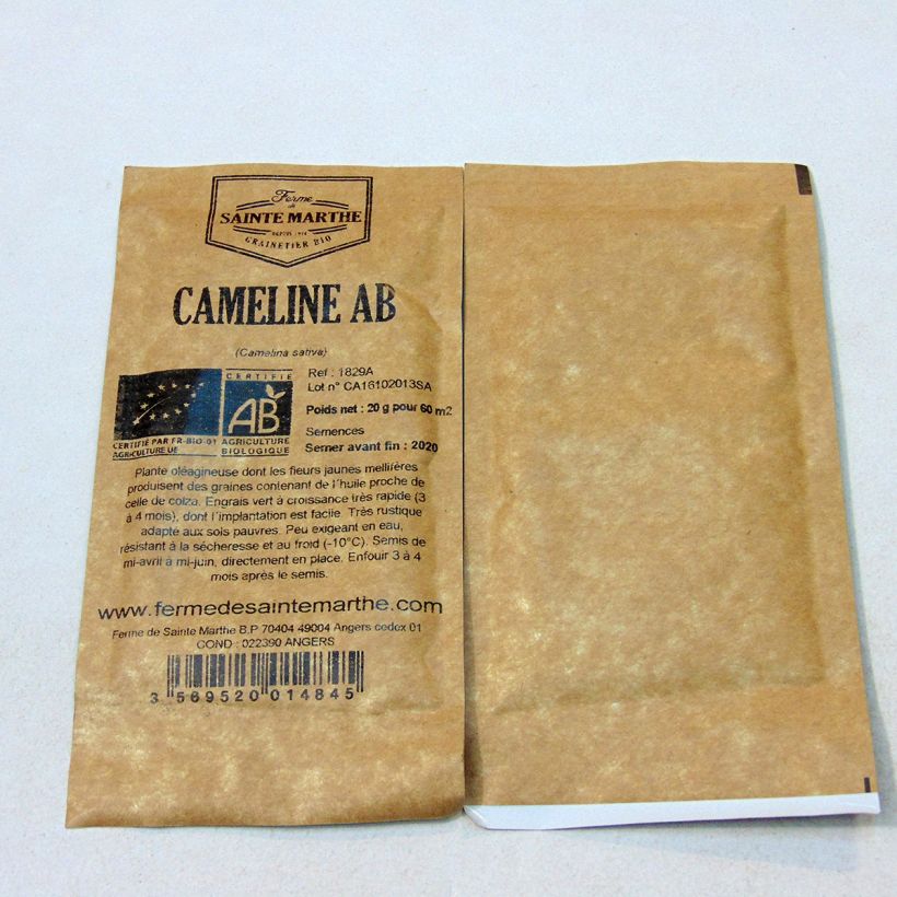 Exemple de spécimen de Cameline Bio - Engrais vert - Ferme de Sainte Marthe le sachet de graines de 20 grammes tel que livré