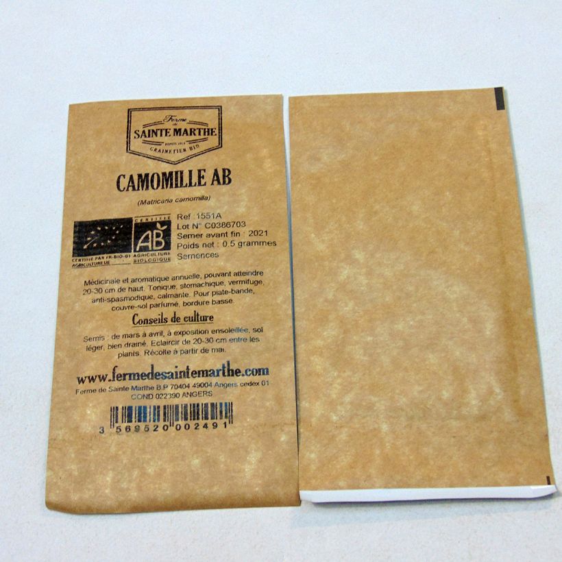 Exemple de spécimen de Camomille Bio - Ferme de Sainte Marthe le sachet de +/- 10900 graines environ (minimum 0,8g) tel que livré