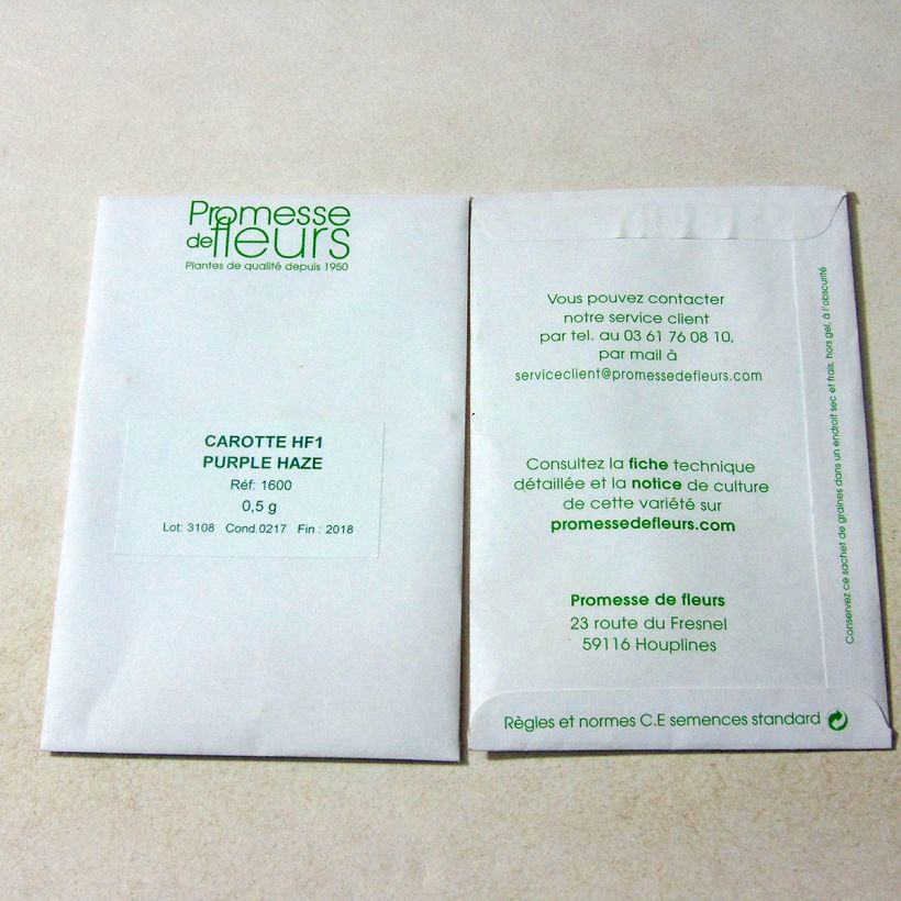 Exemple de spécimen de Carotte Purple Haze F1 le sachet de +/- 400 graines environ (minimum 0,5g) tel que livré