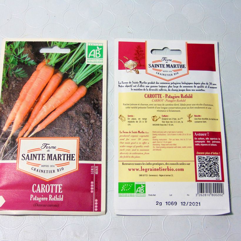 Exemple de spécimen de Carotte Rothild Bio - Ferme de Sainte Marthe le sachet de +/- 850 graines environ (minimum 1g) tel que livré