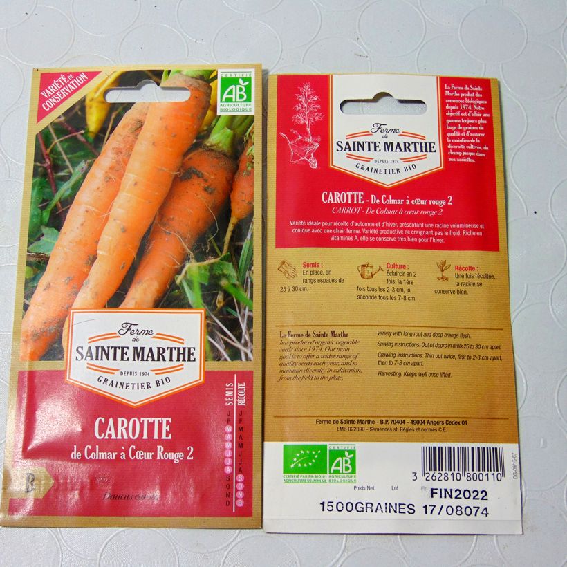 Exemple de spécimen de Carotte de Colmar à coeur rouge 2 Bio - Ferme de Sainte Marthe le sachet de 1800 graines environ (2g) tel que livré