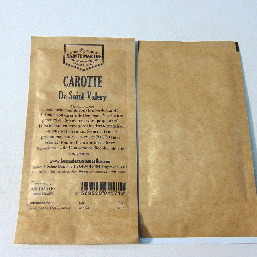 Exemple de spécimen de Carotte de Saint-Valéry NT - Ferme de Sainte Marthe le sachet de 1500 graines environ (1.95g) tel que livré
