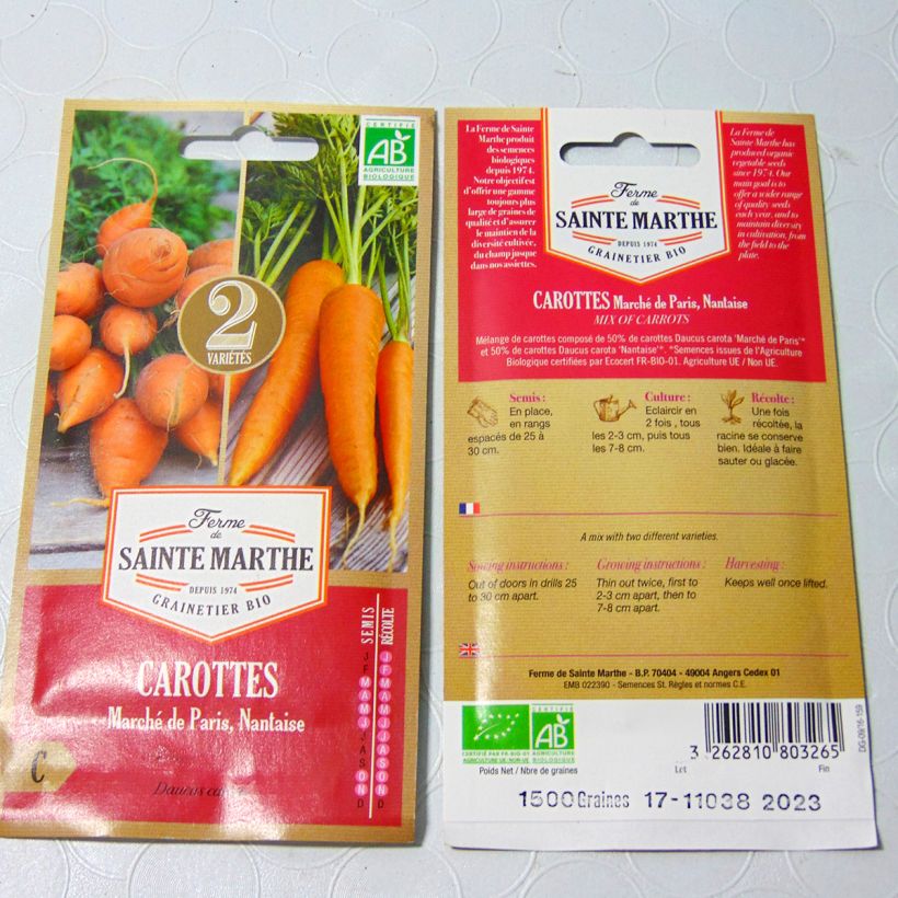 Exemple de spécimen de Carotte en mélange (Marché de Paris 3 - Nantaise 2) - Bio - Ferme de Sainte Marthe le sachet de 2000 graines environ (2g) tel que livré