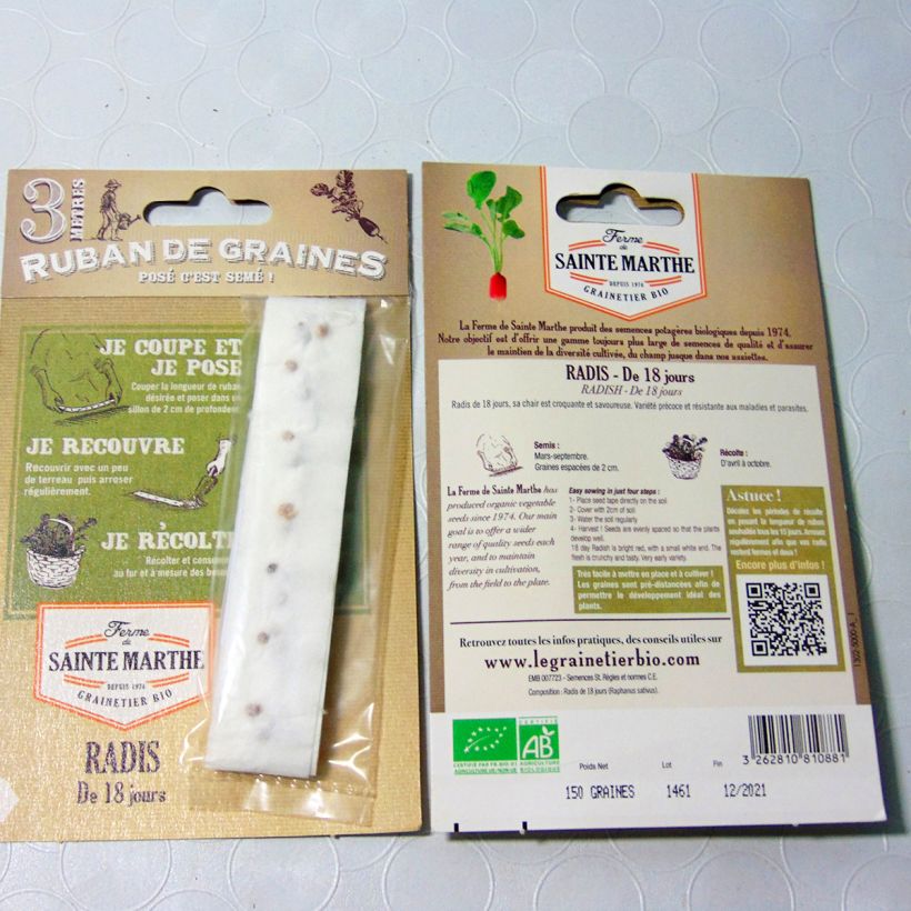 Exemple de spécimen de Carte ruban de Radis de 18 jours - Bio - Ferme de Sainte Marthe Livré en ruban de 3 mètres tel que livré