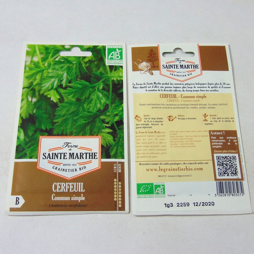 Exemple de spécimen de Cerfeuil commun Bio - Ferme de Sainte Marthe le sachet de +/- 500 graines environ (minimum 1,5g) tel que livré