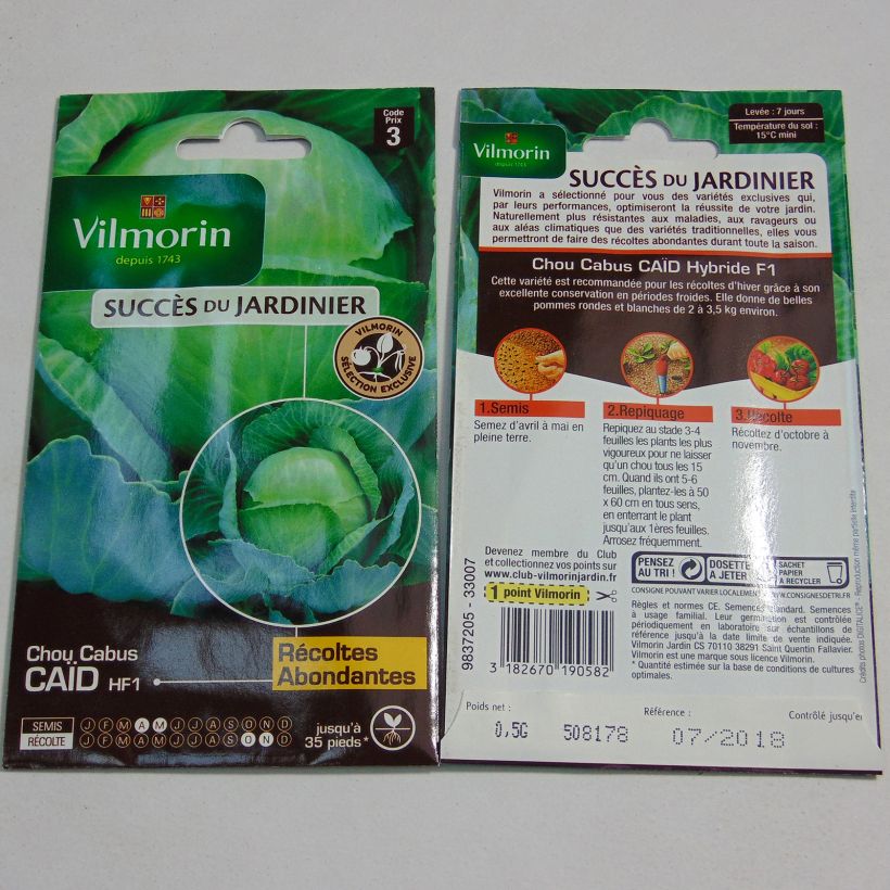 Exemple de spécimen de Chou Cabus Caïd F1 - Vilmorin le sachet de graines de 0.5 grammes tel que livré