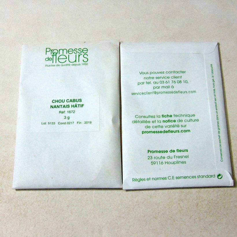 Exemple de spécimen de Chou Cabus Nantais Hâtif le sachet de 400 graines environ (minimum 3g) tel que livré