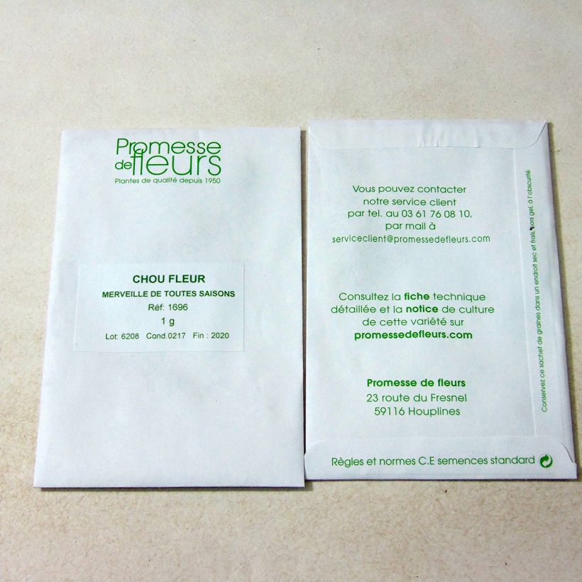 Exemple de spécimen de Chou-Fleur Merveille de Toutes Saisons le sachet de +/- 200 graines environ (minimum 1g) tel que livré