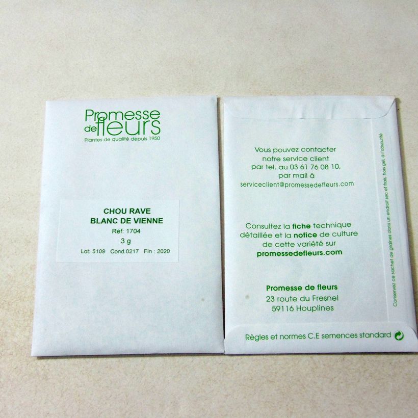 Exemple de spécimen de Chou-Rave blanc hâtif de Vienne le sachet de +/- 300 graines environ (minimum 3g) tel que livré