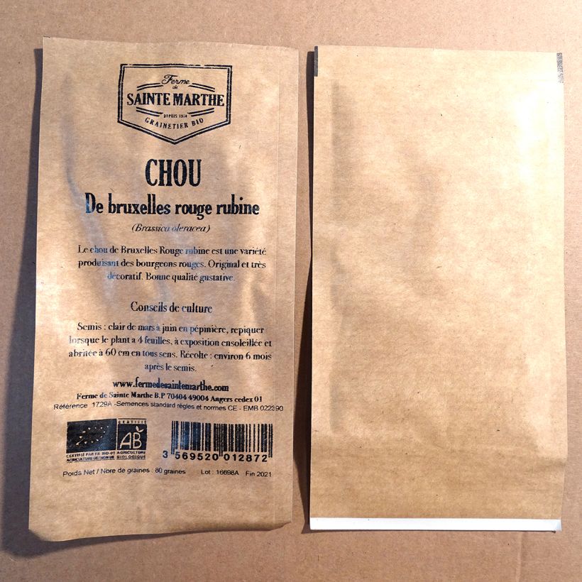 Example of Chou de Bruxelles Rouge Rubine Bio - Ferme de Sainte Marthe le sachet de 80 graines environ as you get