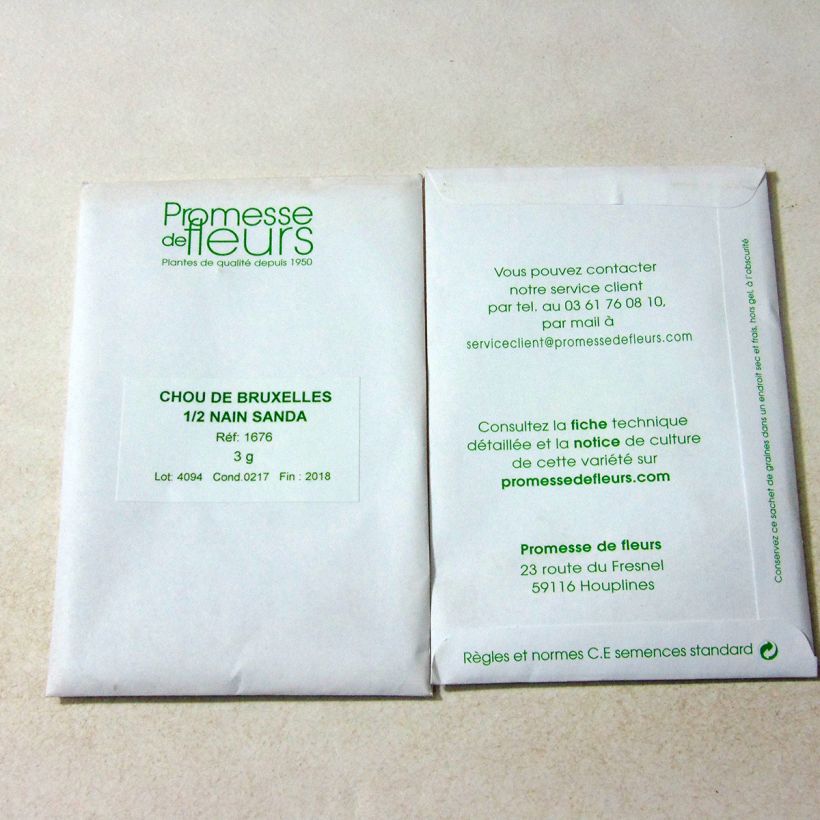 Exemple de spécimen de Chou de Bruxelles demi-nain Sanda le sachet de +/- 750 graines environ (minimum 3g) tel que livré