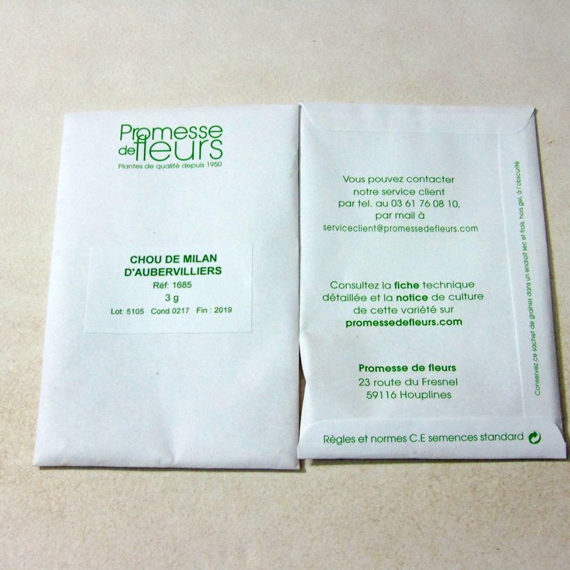 Exemple de spécimen de Chou de Milan d'Aubervilliers le sachet de 850 graines environ (minimum 3g) tel que livré