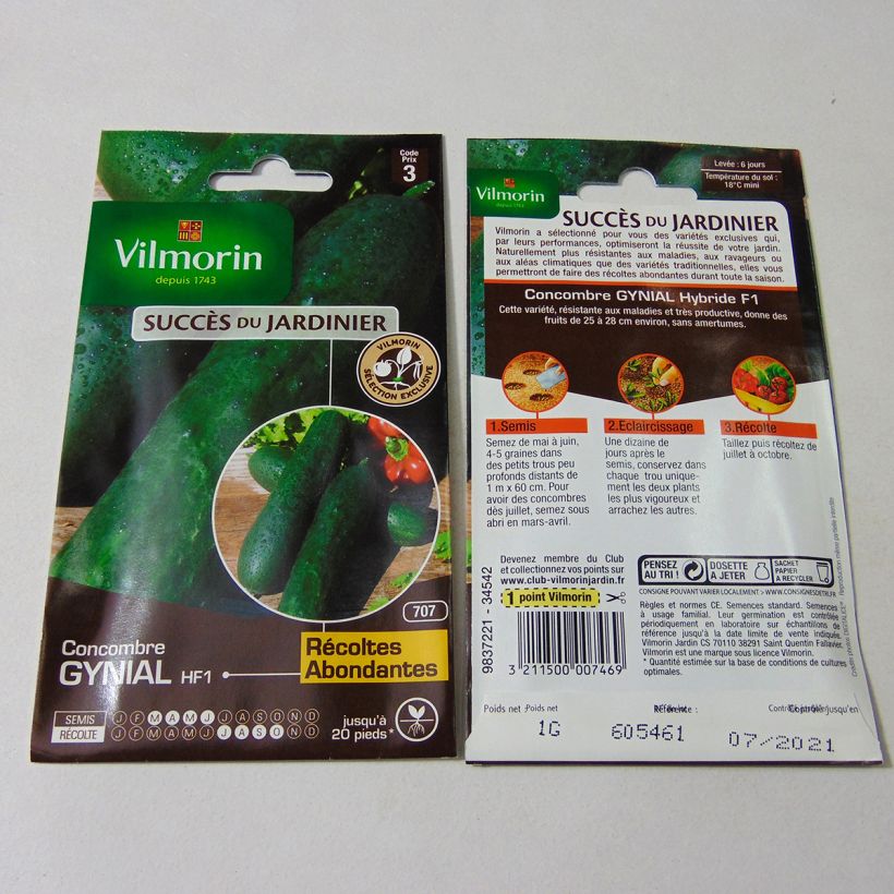 Exemple de spécimen de Concombre Gynial F1 (Création Vilmorin) Vilmorin le sachet de 35 graines environ (1g) tel que livré