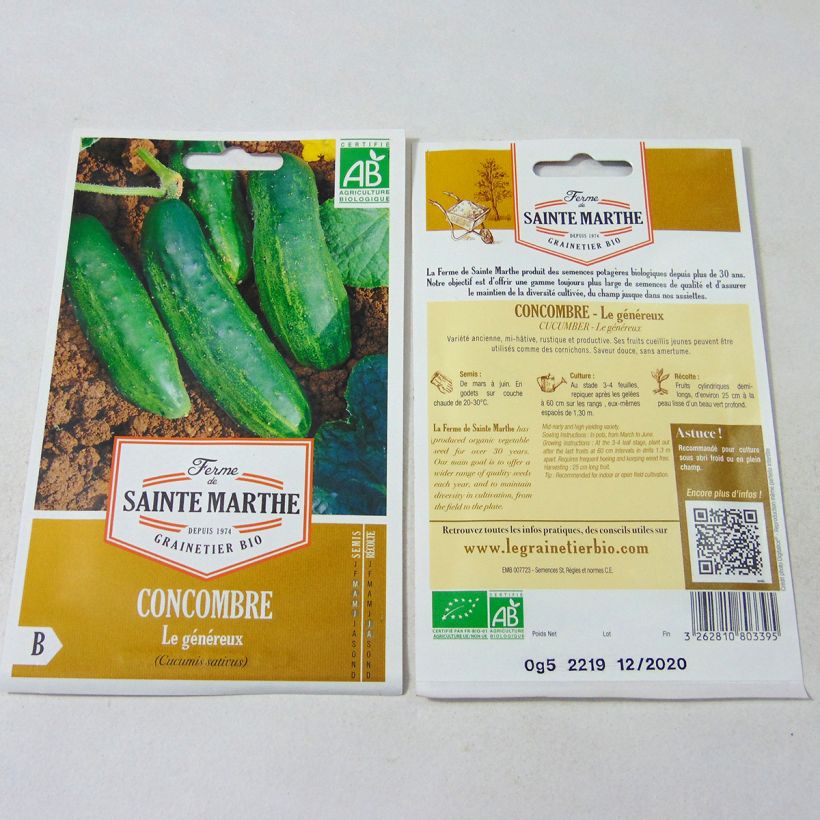 Exemple de spécimen de Concombre Le Généreux Bio - Ferme de Sainte Marthe le sachet de 15 graines environ tel que livré
