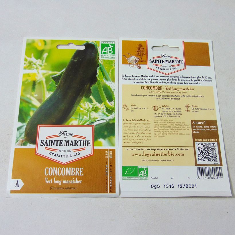Exemple de spécimen de Concombre Vert Long Maraîcher Bio - Ferme de Sainte Marthe le sachet de 15 graines environ tel que livré