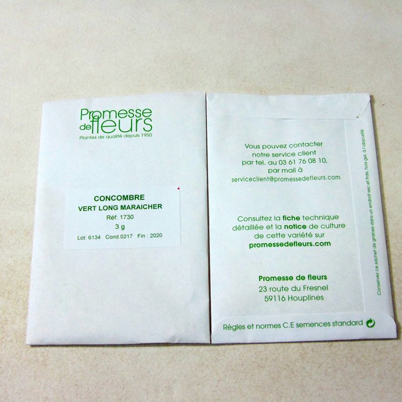 Exemple de spécimen de Concombre Vert long maraîcher le sachet de +/- 100 graines environ (minimum 3g) tel que livré