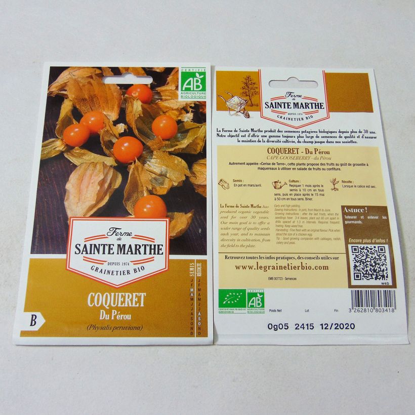 Exemple de spécimen de Coqueret du Pérou Bio - Ferme de Sainte Marthe le sachet de 50 graines environ tel que livré