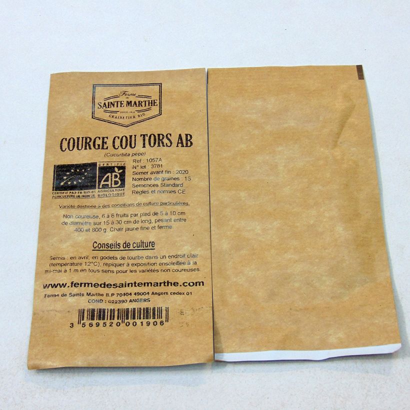 Exemple de spécimen de Courge Cou Tors Bio - Ferme de Sainte Marthe le sachet de 15 graines environ (1g) tel que livré