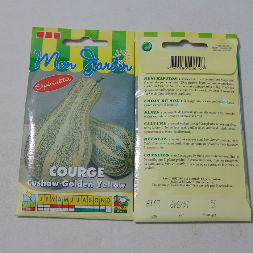 Exemple de spécimen de Courge Cushaw Golden  le sachet de 18 graines environ (3g) tel que livré