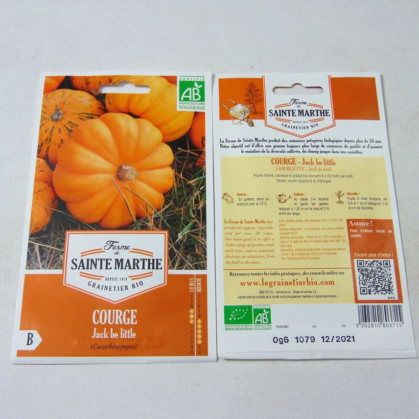 Exemple de spécimen de Courge Jack Be Little Bio - Ferme de Sainte Marthe le sachet de 8 graines environ (0.6g) tel que livré