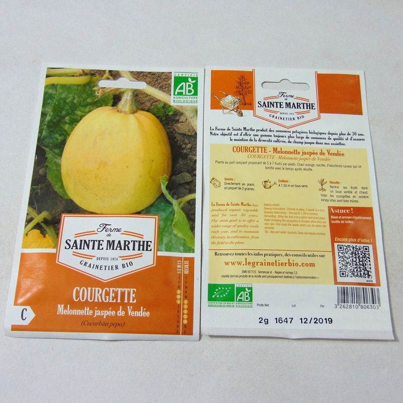 Exemple de spécimen de Courge Melonnette Jaspée de Vendée Bio - Ferme de Sainte Marthe le sachet de 10 graines environ (2g) tel que livré