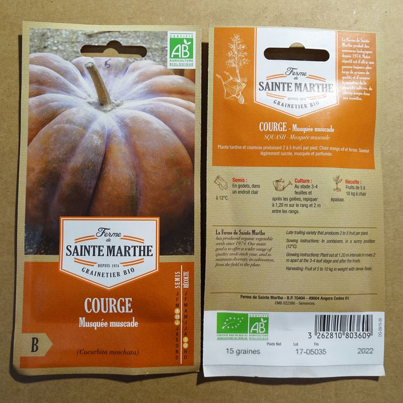 Exemple de spécimen de Courge Musquée Muscade Bio - Ferme de Sainte Marthe le sachet de 8 graines environ (1.3g) tel que livré