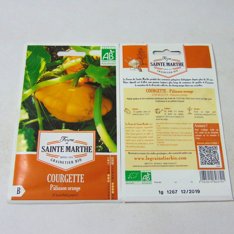 Exemple de spécimen de Courge Pâtisson Orange Bio - Ferme de Sainte Marthe le sachet de 10 graines environ (1g) tel que livré