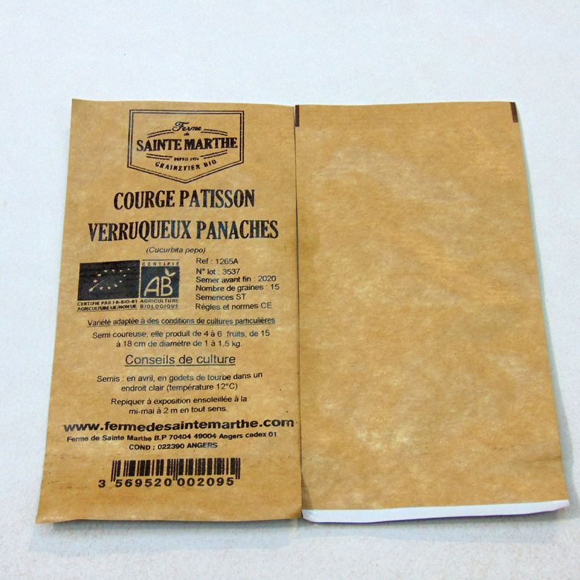 Exemple de spécimen de Courge Pâtisson verruqueux panaché Bio - Ferme de Sainte Marthe le sachet de 20 graines environ (1g) tel que livré