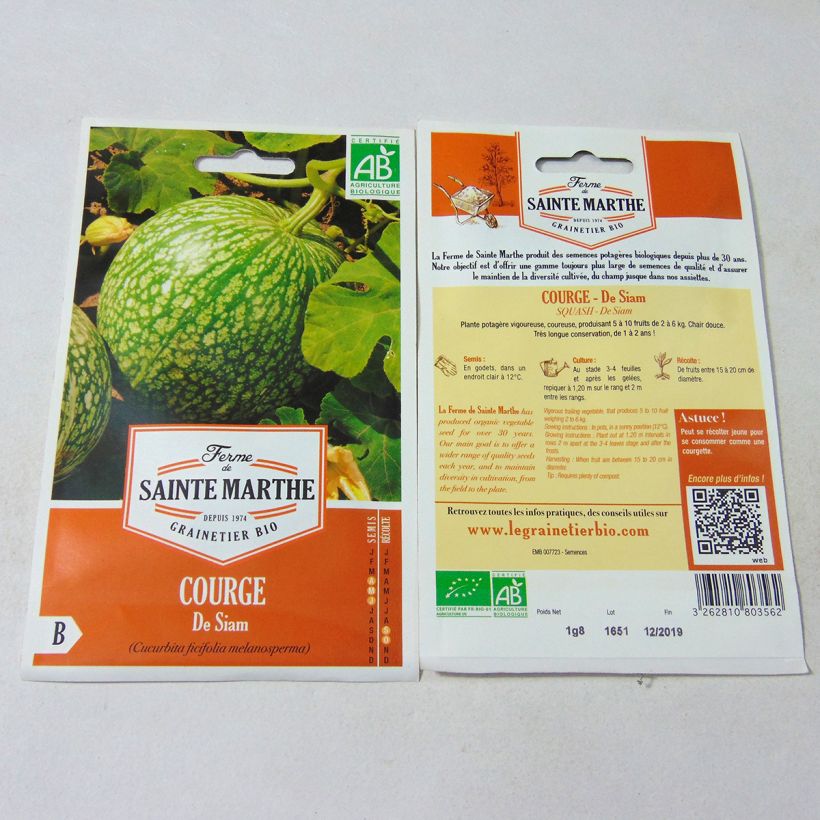 Exemple de spécimen de Courge de Siam Bio - Ferme de Sainte Marthe le sachet de 8 graines environ (1,8g) tel que livré