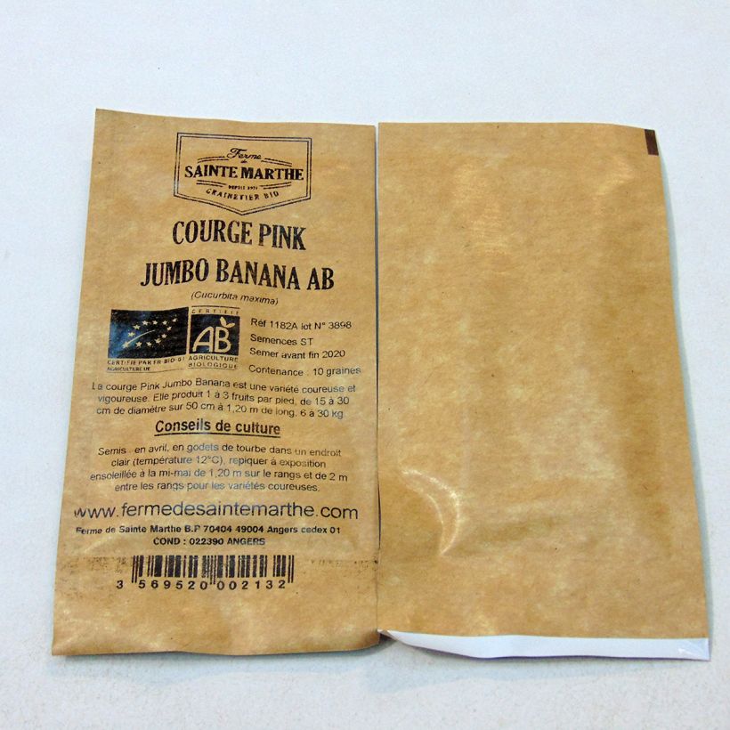 Exemple de spécimen de Courge ou Potiron Pink Jumbo Banana Bio - Ferme de Sainte Marthe  le sachet de 10 graines environ (2g) tel que livré