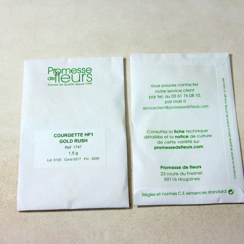 Exemple de spécimen de Courgette Gold Rush F1 le sachet de +/- 10 graines environ (minimum 1,5g) tel que livré