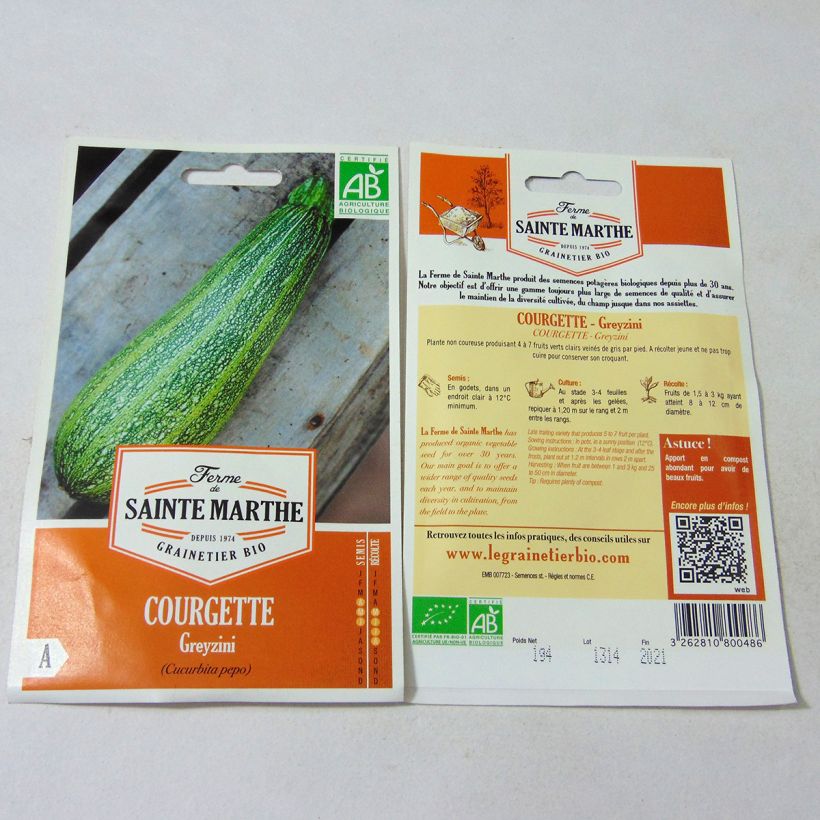 Exemple de spécimen de Courgette Greyzini Bio - Ferme de Sainte Marthe le sachet de 10 graines environ (1.2g) tel que livré
