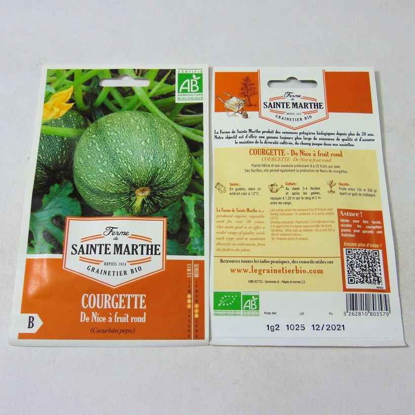 Exemple de spécimen de Courgette de Nice à fruit rond Bio - Ferme de Sainte Marthe le sachet de 8 graines environ (1.2g) tel que livré
