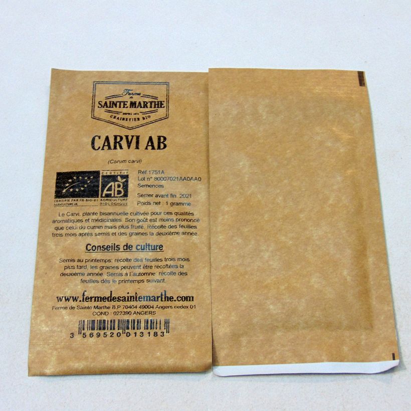 Exemple de spécimen de Cumin des prés ou Carvi Bio - Ferme de Sainte Marthe le sachet de graines de 1 grammes tel que livré