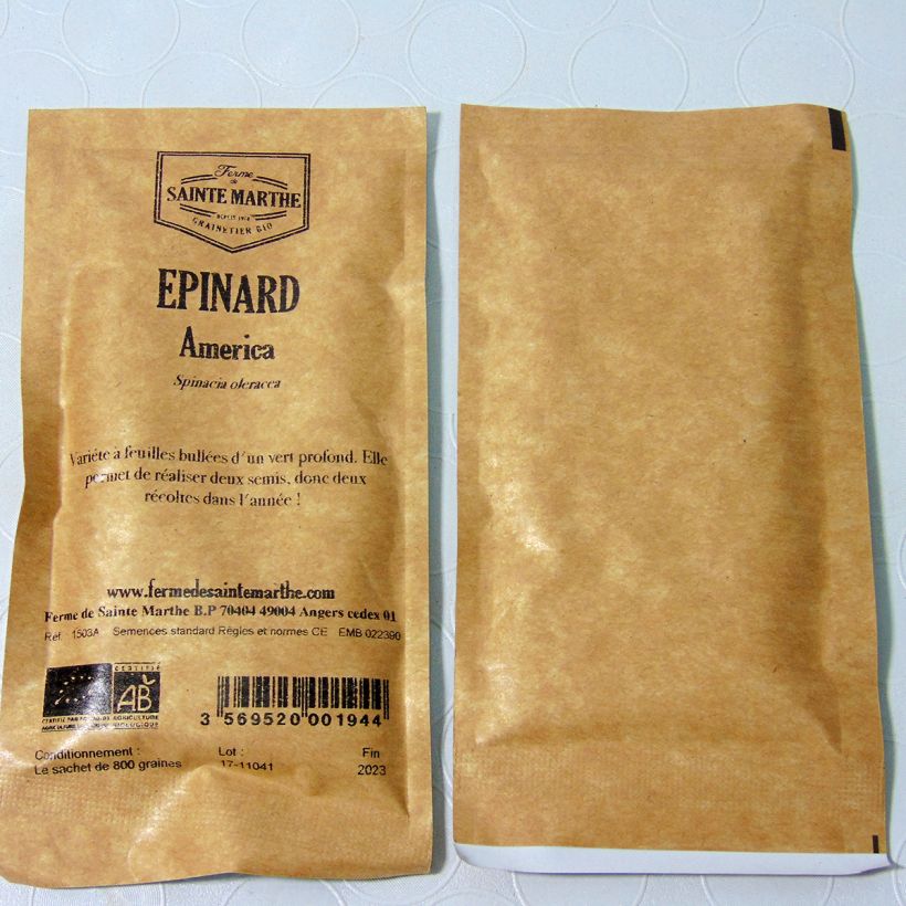 Exemple de spécimen de Epinard América Bio - Ferme de Sainte Marthe le sachet de 500 graines environ (9g) tel que livré